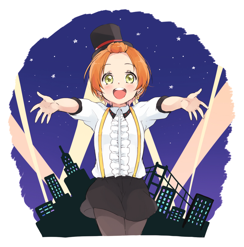 1girl, :d, bangs_pinned_back, blush, bridge, building, city, city_lights, cityscape, collar, collared_shirt, earrings, eyelashes, forehead, frilled_shirt, frills, hat, hello_hoshi_wo_kazoete, hoop_earrings, hoshizora_rin, jewelry, looking_at_viewer, love_live!, love_live!_school_idol_project, mini_hat, mini_top_hat, night, om5han, open_mouth, orange_hair, outdoors, outstretched_arms, pantyhose, puffy_short_sleeves, puffy_sleeves, shirt, short_hair, short_sleeves, skirt, sky, skyscraper, smile, solo, star, star_(sky), suspenders, tareme, teeth, top_hat, white_shirt, yellow_eyes