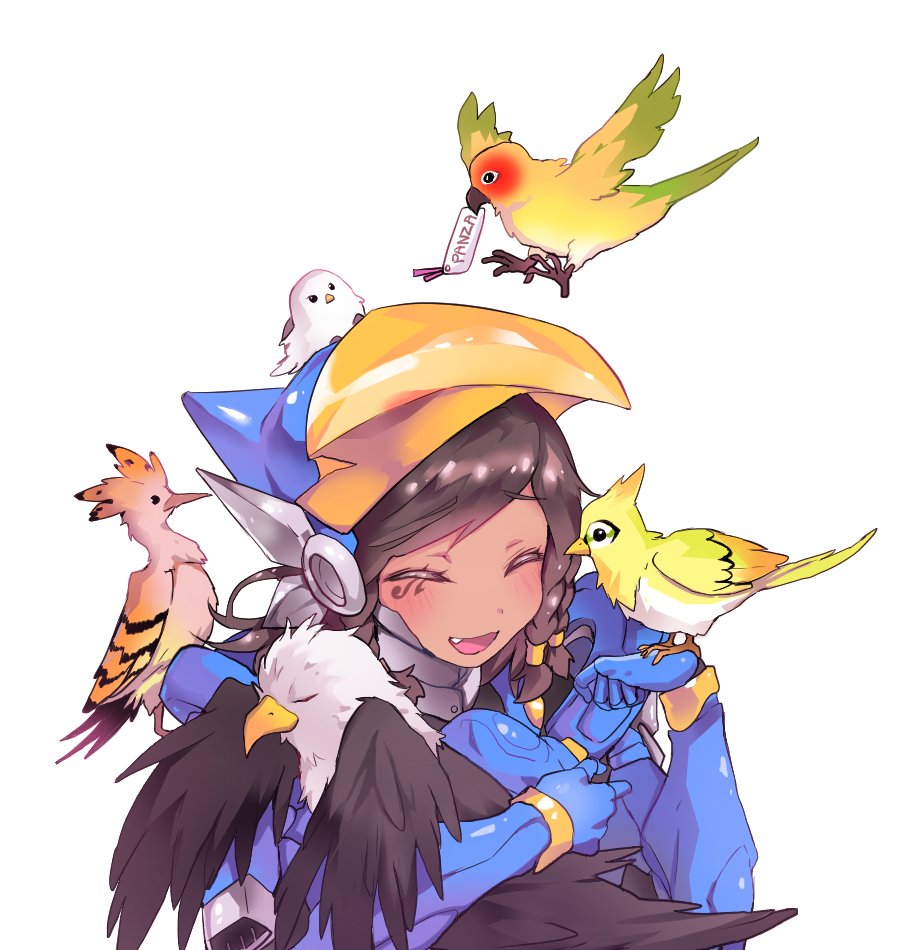 1girl, animal, animal_hug, animal_on_head, animal_on_shoulder, armor, artist_name, bald_eagle, bangs, bird, bird_on_head, bird_on_shoulder, black_hair, blush, braid, closed_eyes, dark_skin, eagle, eye_of_horus, eyebrows, eyebrows_visible_through_hair, facial_mark, facial_tattoo, fang, flying, full_armor, ganymede_(overwatch), gauntlets, hair_ornament, hair_tie, hair_tubes, happy, head_mounted_display, helmet, hug, jetpack, medium_hair, on_head, open_mouth, overwatch, panza, parrot, pauldrons, pharah_(overwatch), power_armor, revision, side_braids, simple_background, sleeping, smile, solo, spread_wings, swept_bangs, tattoo, thrusters, turtleneck, upper_body, visor, white_background, wings, woodpecker