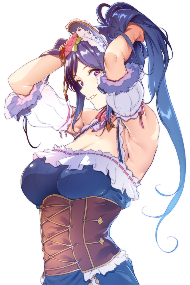 1girl, adjusting_hair, arched_back, arm_ribbon, armpits, arms_behind_back, arms_up, bangs, bare_shoulders, blue_dress, blue_hair, breasts, choker, cleavage, collarbone, corset, detached_puffy_sleeves, detached_sleeves, dress, eyebrows_visible_through_hair, flower, frilled_dress, frilled_sleeves, frills, hair_flower, hair_ornament, hands_in_hair, high_ponytail, large_breasts, long_hair, looking_at_viewer, love_live!, love_live!_sunshine!!, maid_headdress, matsuura_kanan, nanao_(mahaya), open_mouth, parted_bangs, parted_lips, pink_ribbon, ponytail, ribbon, ribbon_choker, ribbon_trim, sidelocks, simple_background, sleeveless, sleeveless_dress, smile, solo, striped, striped_ribbon, teeth, tying_hair, upper_body, very_long_hair, violet_eyes, white_background