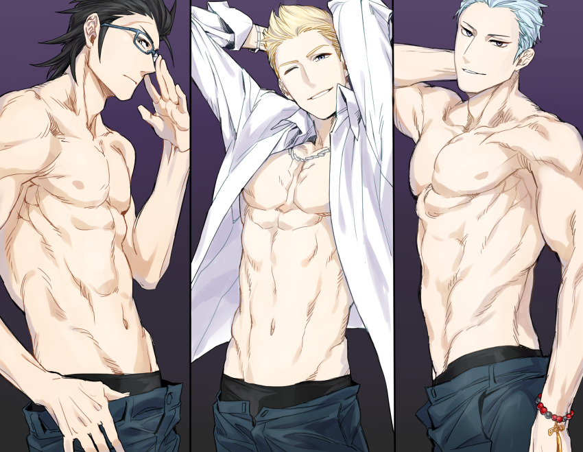 3boys, ;), adjusting_glasses, adonis_belt, aniki_(chaji1129), arms_behind_head, bead_bracelet, beads
