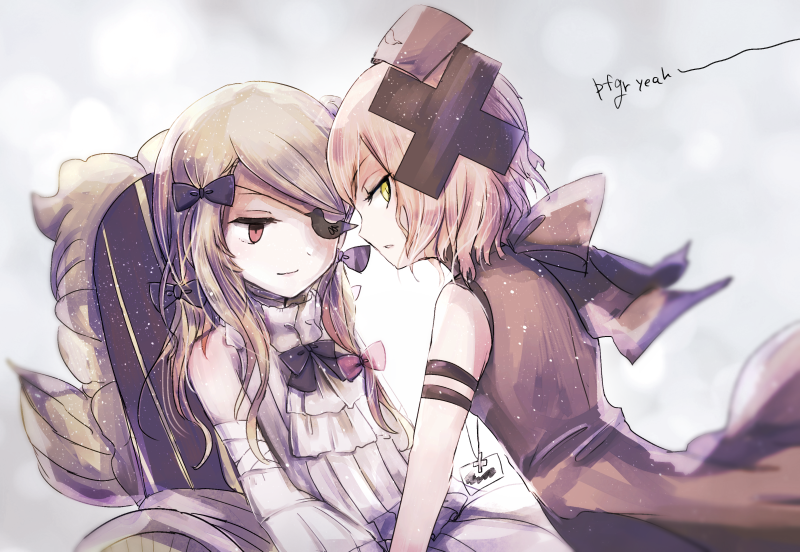 2girls, blonde_hair, couple, cross, eyepatch, face-to-face, hat, light_smile