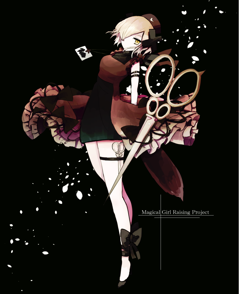 1girl, black_background, blonde_hair, hair_over_one_eye, hat, mahou_shoujo_ikusei_keikaku, nurse_cap, scissors