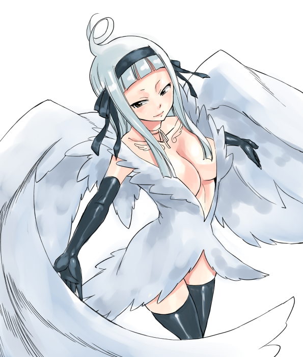 1girl, angel_(fairy_tail), black_eyes, black_gloves, black_legwear, black_ribbon, breasts, collarbone