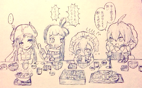 4girls, eating, mahou_shoujo_ikusei_keikaku, mahou_shoujo_ikusei_keikaku_limited, monochrome, multiple_girls, pukin, pythie_frederica