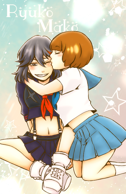 2girls, amatsuki_cho, black_hair, blue_skirt, blush, bow, brown_hair, character_name