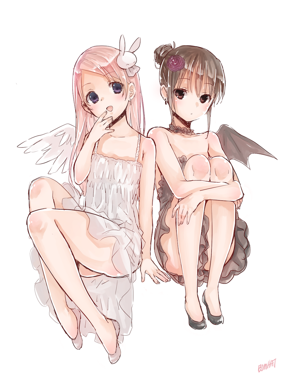 2girls, :d, alternate_hairstyle, angel_wings, artist_name, bangs, bare_legs, bomhat, brown_eyes, brown_hair, bunny_hair_ornament, choker, demon_wings, dress, flower, full_body, hair_bun, hair_flower, hair_ornament, highres, long_hair, misha_(pita_ten), multiple_girls, open_mouth, pink_hair, pita_ten, purple_rose, rose, shia_(pita_ten), signature, sitting, smile, strapless, strapless_dress, violet_eyes, white_background, white_dress, wings