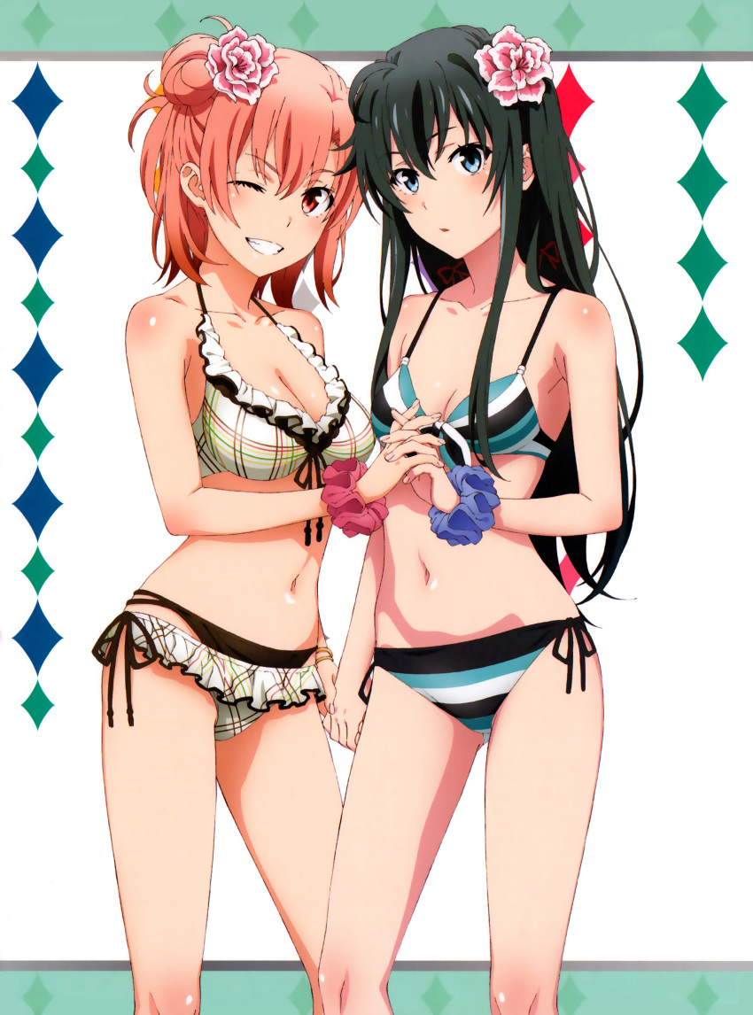 2girls, absurdres, bikini, black_hair, blue_eyes, blush, breasts, cleavage