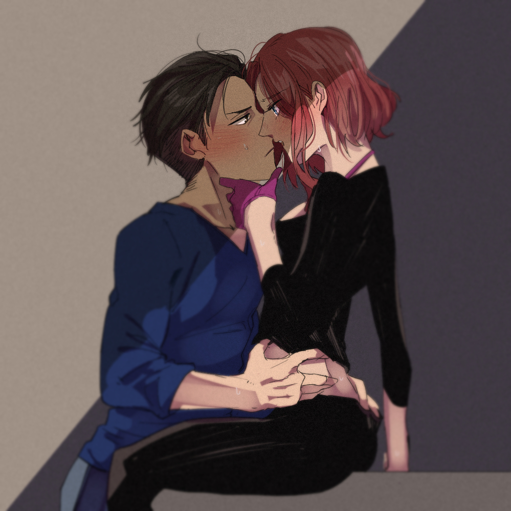 1boy, 1girl, black_hair, blue_eyes, blush, brown_eyes, con_potata, gloves
