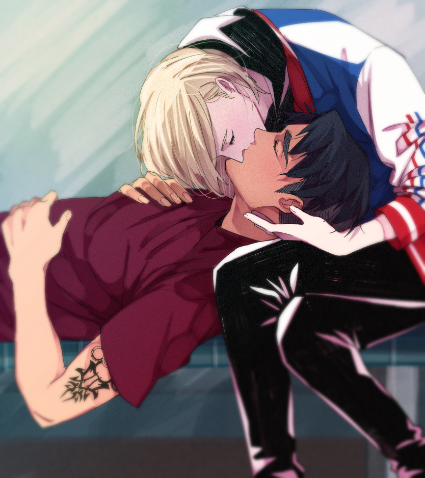 2boys, bench, black_hair, blonde_hair, closed_eyes, con_potata, jacket, jean-jacques_leroy