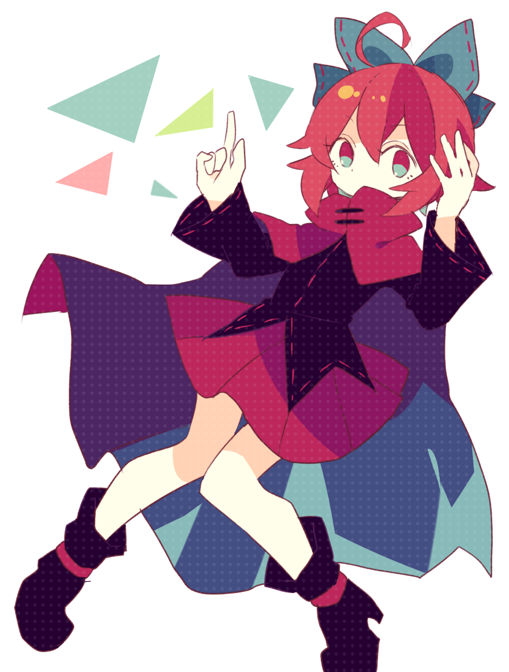 1girl, ahoge, black_boots, black_shirt, blue_bow, boots, bow, cape