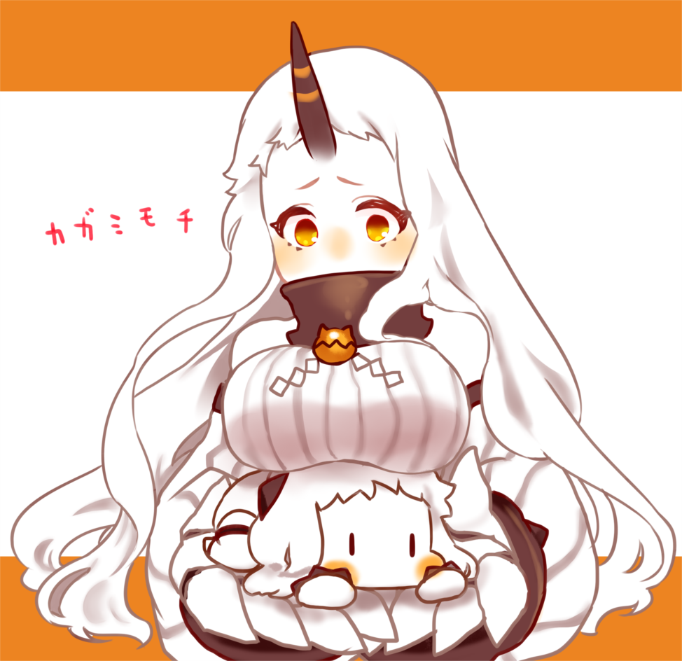 2girls, bare_shoulders, blush_stickers, breast_rest, breasts, breasts_on_head, claws, covered_mouth