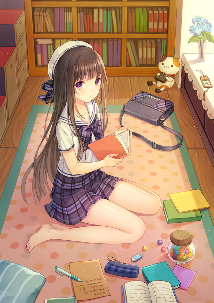 1girl, bag, bangs, barefoot, black_hair, book, hat, ipass_(yi_ka_tong), long_hair, looking_at_viewer, open_book, plaid, plaid_skirt, rio_(9251843), school_uniform, serafuku, sitting, skirt, solo, violet_eyes, wariza, wooden_floor, xiao_pa