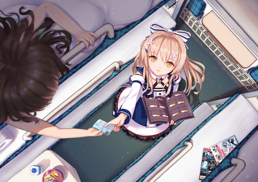 2girls, :d, ashtray, bare_arms, bed, blanket, blonde_hair, blurry