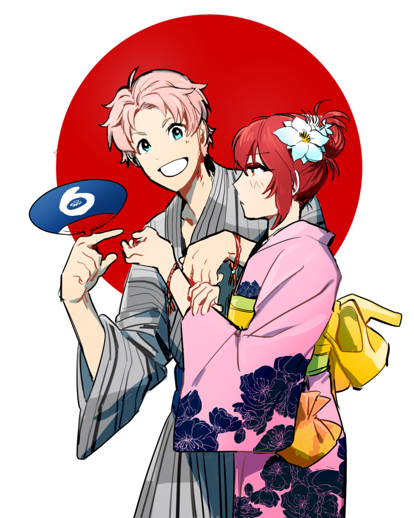 1boy, 1girl, aniki_(chaji1129), blue_eyes, circle, fan, floral_print, highres