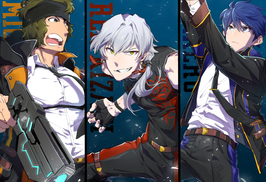 3boys, alternate_costume, aniki_(chaji1129), belt, black_necktie, blue_background, blue_eyes, blue_hair
