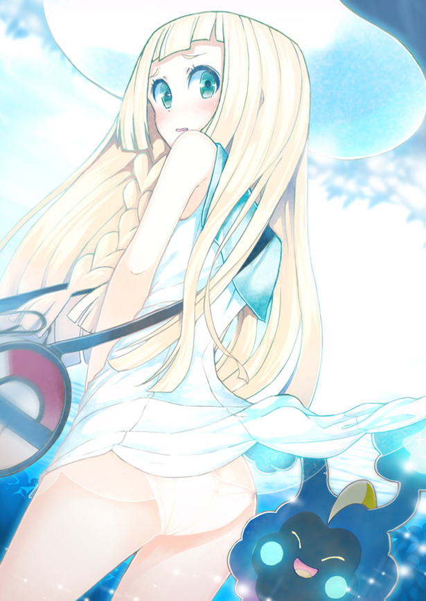 1girl, accidental_exposure, back, bag, bangs, bare_arms, blonde_hair, blunt_bangs, blush, braid, clouds, cloudy_sky, cosmog, cowboy_shot, day, dress, dress_tug, duffel_bag, dutch_angle, from_behind, green_eyes, guranyto, hat, light_particles, lillie_(pokemon), long_hair, looking_at_viewer, looking_back, outdoors, panties, parted_lips, pokemon, pokemon_(creature), pokemon_(game), pokemon_sm, see-through, short_dress, side_braid, side_glance, sky, sleeveless, sleeveless_dress, sparkle, submerged, sun_hat, sundress, underwear, wading, water, white_dress, white_hat, white_panties
