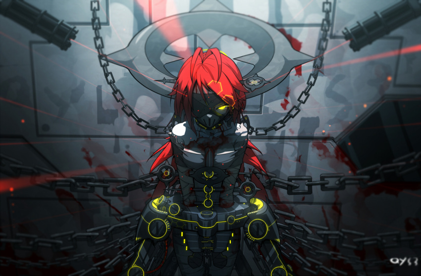 1girl, bai_yemeng, blood, bound, bound_arms, bound_wrists, breasts, chains