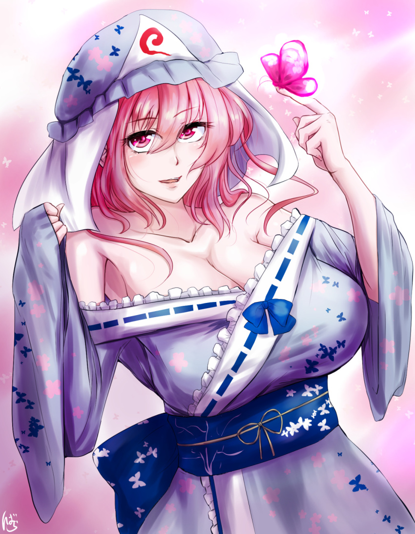 1girl, adapted_costume, animal_print, bangs, bare_shoulders, blue_kimono, blush, breasts