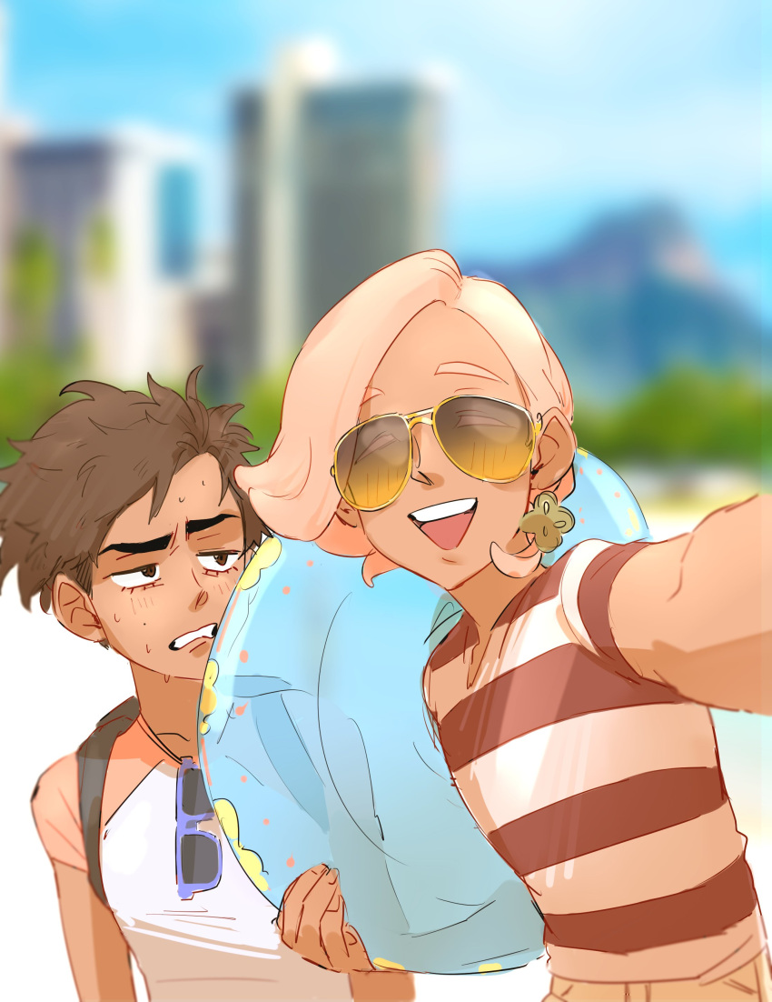 2boys, absurdres, blurry, blush, brown_hair, closed_eyes, dark_skin, dark_skinned_male, depth_of_field, gym_leader, hair_ornament, highres, ilima_(pokemon), innertube, johnnybooboo, male_focus, male_protagonist_(pokemon_sm), multiple_boys, pink_hair, pokemon, pokemon_(game), pokemon_sm, raglan_sleeves, self_shot, shirt, short_sleeves, striped, striped_shirt, sunglasses, sweat, t-shirt