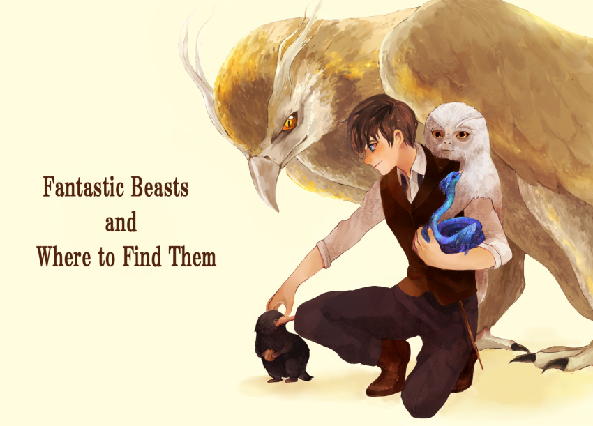 1boy, bird, blue_eyes, boots, brown_hair, coin, copyright_name, fantastic_beasts_and_where_to_find_them