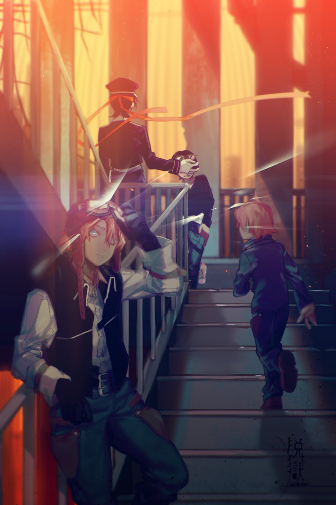 2boys, age_comparison, black_hair, blindfold, blue_eyes, child, copyright_name, datsugoku_(vocaloid), dual_persona, gloves, goggles, highres, kawasemi_(datsugoku), kuina_(datsugoku), lens_flare, male_focus, multiple_boys, pilot, redhead, shizu_(9394marimo), shoes, sneakers, stairs, stairwell