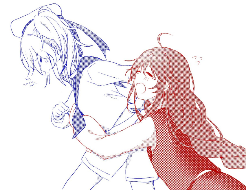 2girls, ahoge, anger_vein, braid, clenched_hand, closed_eyes, dress, hat