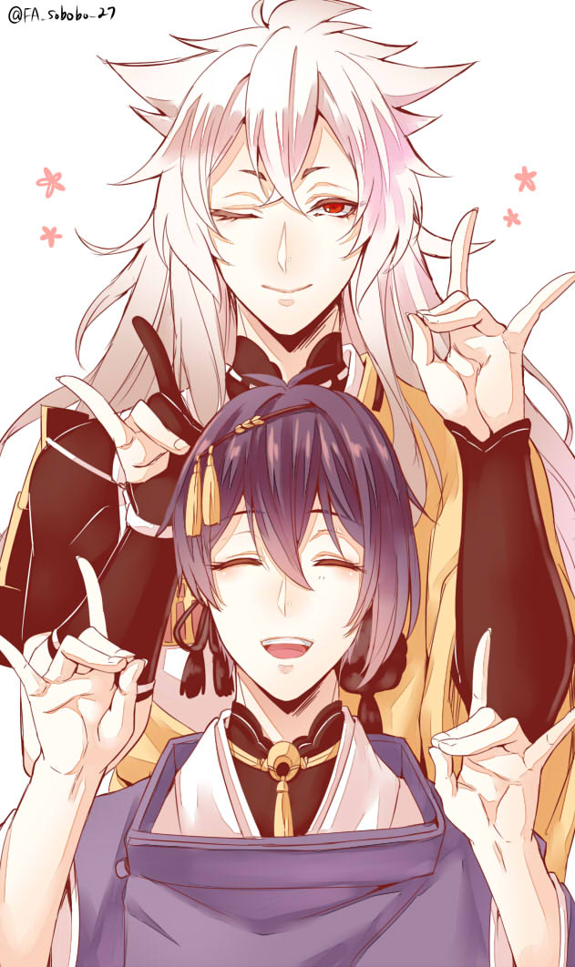 2boys, ;), ^_^, black_gloves, blue_hair, closed_eyes, fox_shadow_puppet, furofuki_daikon