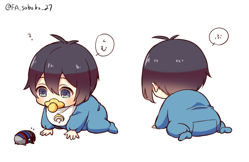 1boy, baby, bib, black_hair, blue_eyes, furofuki_daikon, male_focus, mikazuki_munechika
