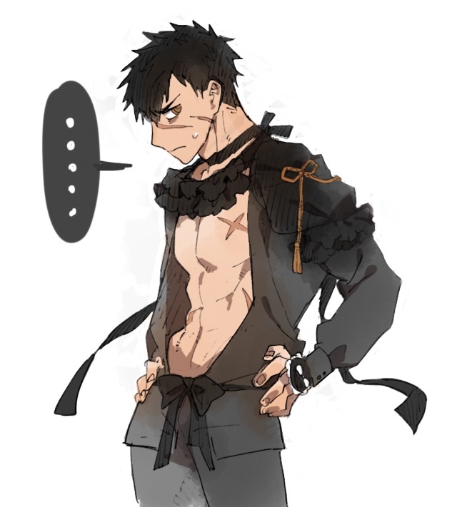 ..., 1boy, abs, black_hair, closed_mouth, cowboy_shot, doudanuki_masakuni, hands_on_hips, looking_at_viewer, male_focus, oimo_(14sainobba), open_clothes, pectorals, scar, simple_background, solo, spoken_ellipsis, toned, toned_male, touken_ranbu, white_background, yellow_eyes
