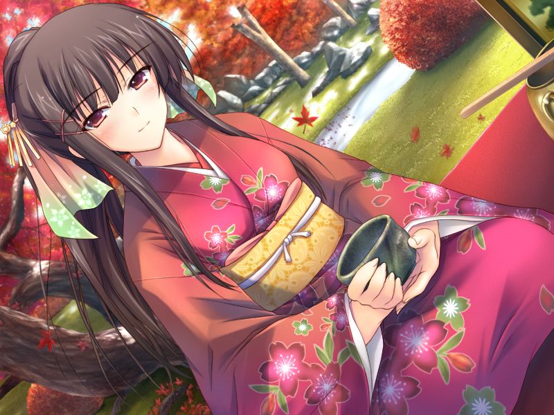 autumn, blush, brown_hair, double_teacher_life, game_cg, garden, hanimi_shiina, japanese_clothes