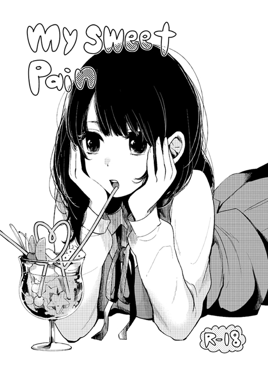 1girl, bangs, comitia, cup, drinking_glass, drinking_straw, greyscale, hands_on_own_cheeks