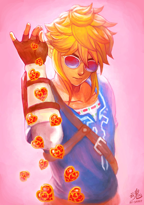 1boy, arm_guards, artist_name, bespectacled, blonde_hair, brown_gloves, buckle, closed_mouth