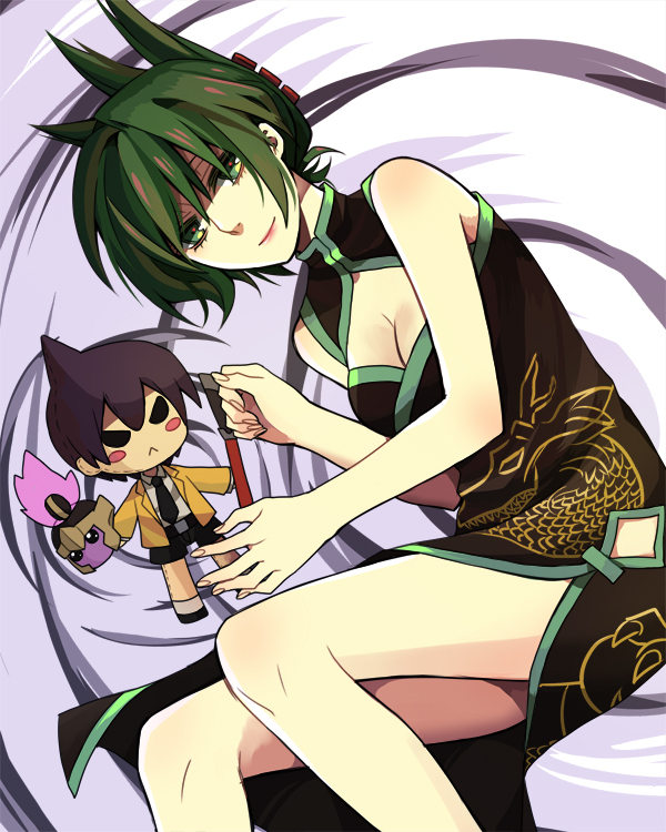 breasts, china_dress, chinese_clothes, cleavage, dress, gatakuri, green_eyes, green_hair