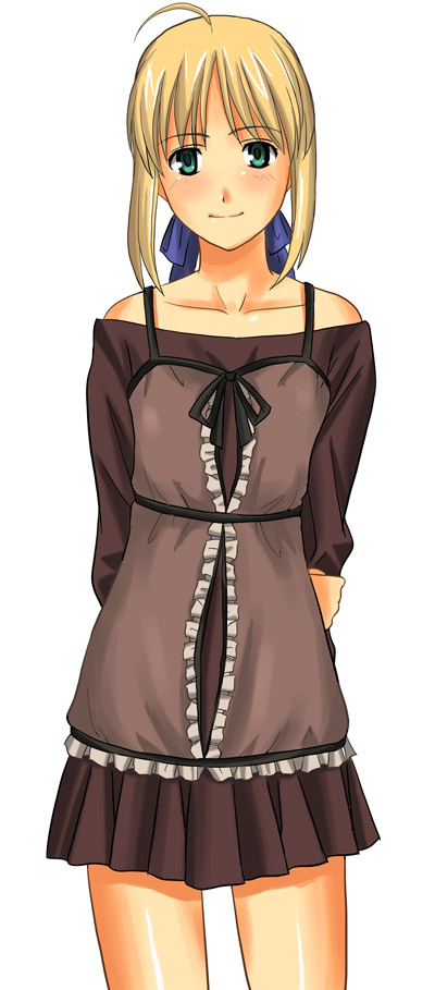 1girl, ahoge, bare_shoulders, blonde_hair, casual, cowboy_shot, fate/stay_night, fate_(series)