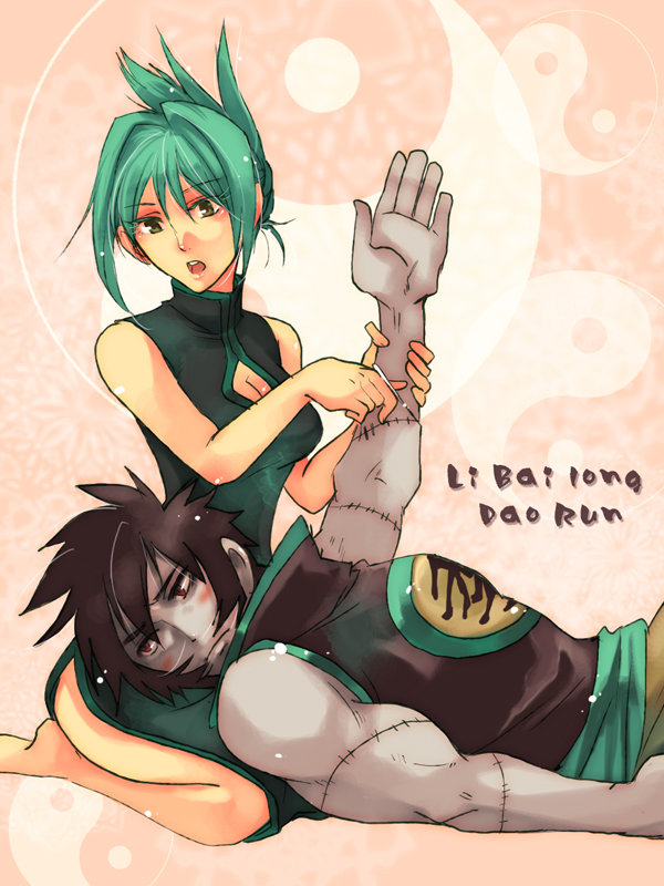 breasts, brown_eyes, brown_hair, china_dress, chinese_clothes, dress, green_hair, lee_bailong