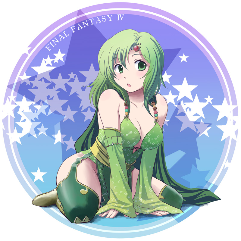 breasts, cape, cleavage, detached_sleeves, final_fantasy, final_fantasy_iv, green_eyes, green_hair