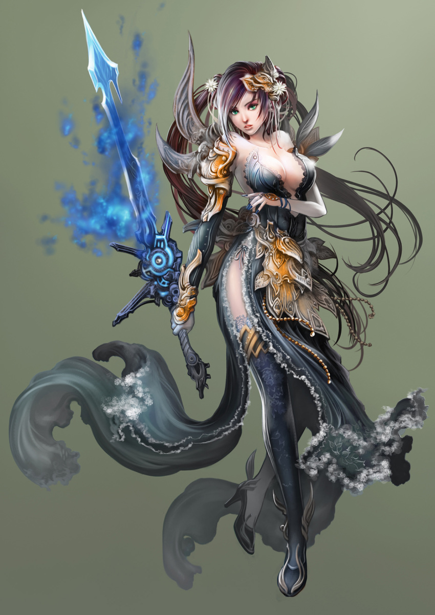 1girl, antilous, bare_shoulders, blue_nails, breasts, brown_hair, cleavage, fantasy