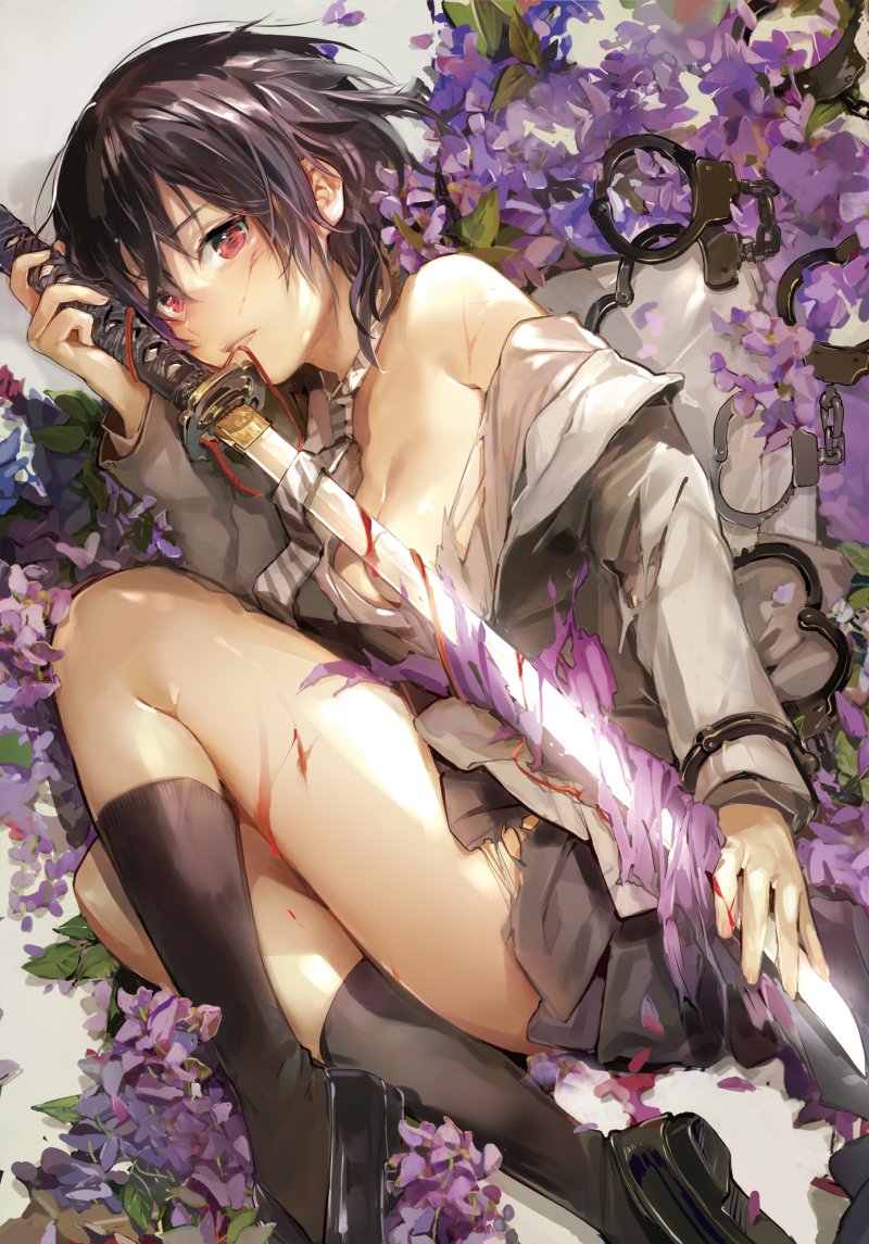 1girl, black_hair, black_legwear, blazer, blood, breasts, cleavage, convenient_censoring