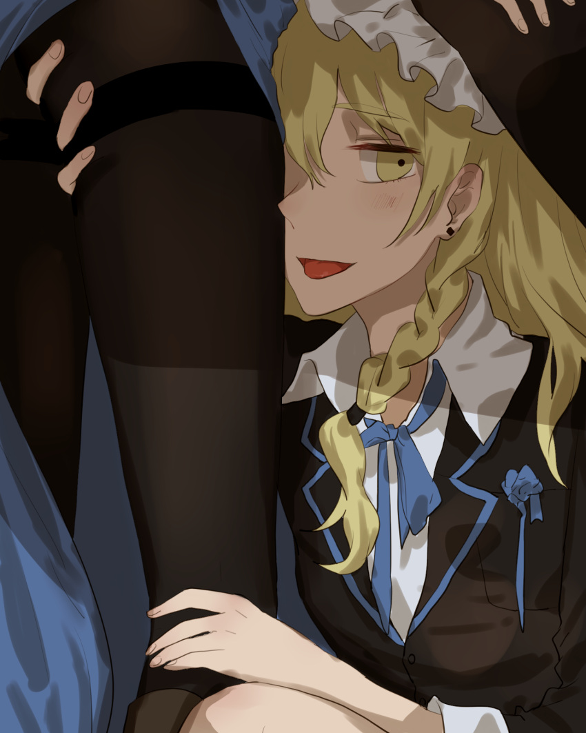 2girls, alice_margatroid, alternate_costume, bangs, between_legs, blonde_hair, blue_dress, blush