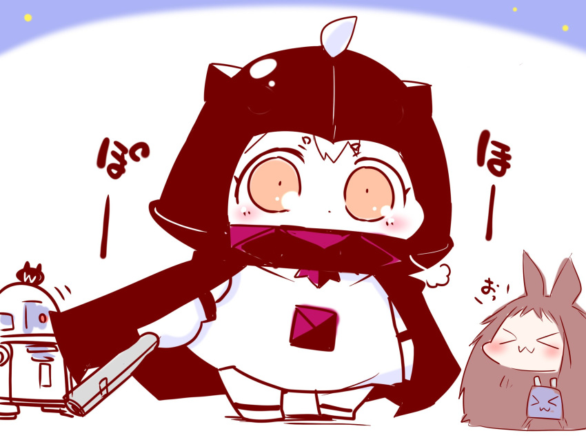>_<, 3girls, :3, ahoge, animal_ears, blush_stickers, cape, chewbacca, chewbacca_(cosplay), chibi, closed_eyes, comic, commentary_request, cosplay, darth_vader, darth_vader_(cosplay), dress, enemy_aircraft_(kantai_collection), helmet, highres, horns, kantai_collection, looking_at_viewer, mittens, multiple_girls, northern_ocean_hime, orange_eyes, r2-d2, r2-d2_(cosplay), rabbit_ears, rensouhou-chan, rolled_up_newspaper, sako_(bosscoffee), shimakaze_(kantai_collection), shinkaisei-kan, sitting, sitting_on_head, sitting_on_person, star_wars, translation_request, white_background, x3