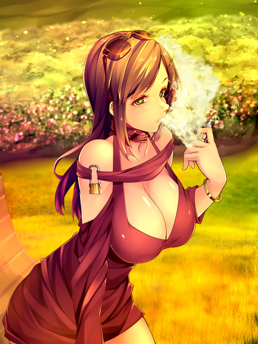 1girl, blowing_smoke, bonkiru, breasts, brown_hair, bush, cleavage, collarbone, dress, grass, green_eyes, highres, large_breasts, lock, long_hair, looking_at_viewer, neck_ribbon, off_shoulder, original, outdoors, padlock, parted_lips, red_dress, red_ribbon, ribbon, short_dress, sidelocks, solo, sunglasses, sunglasses_on_head, vaping, vaporizer