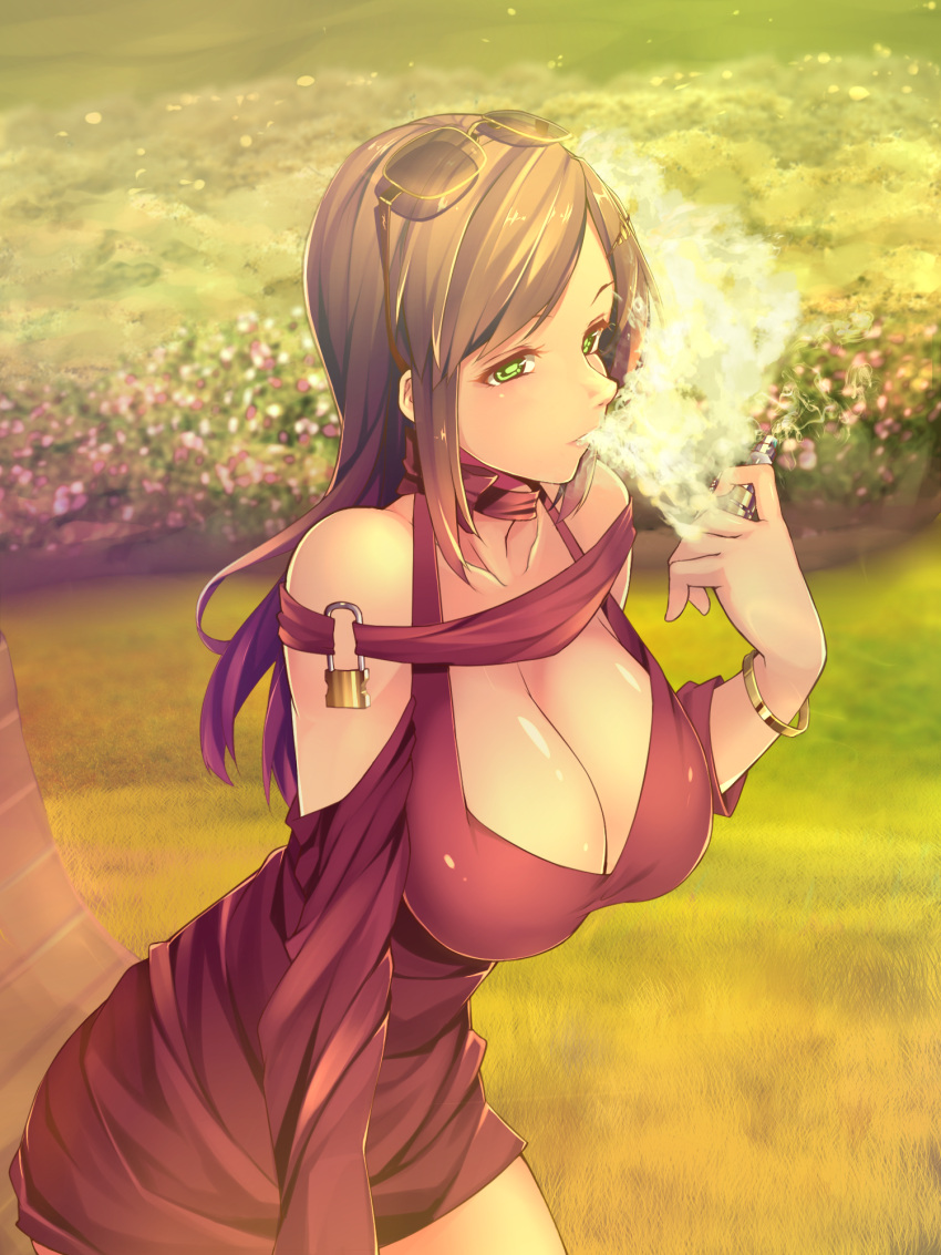 1girl, blowing_smoke, bonkiru, breasts, brown_hair, bush, cleavage, collarbone, dress, grass, green_eyes, highres, large_breasts, lock, long_hair, looking_at_viewer, neck_ribbon, off_shoulder, original, outdoors, padlock, parted_lips, red_dress, red_ribbon, ribbon, short_dress, sidelocks, solo, sunglasses, sunglasses_on_head, vaping, vaporizer