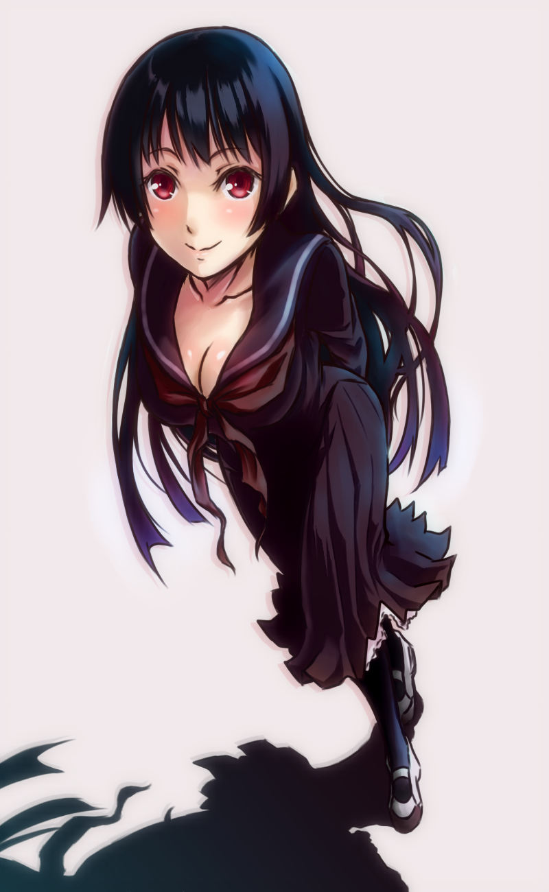 1girl, arms_behind_back, black_hair, black_legwear, black_serafuku, black_shirt, black_skirt, blush, breasts, cleavage, closed_mouth, collarbone, eyebrows_visible_through_hair, from_above, highres, kanoe_yuuko, long_hair, long_skirt, looking_up, medium_breasts, neckerchief, outline, pantyhose, pleated_skirt, red_eyes, reimaco, school_uniform, serafuku, shirt, shoes, silhouette, simple_background, skirt, smile, solo, standing, tasogare_otome_x_amnesia, very_long_hair, white_shoes