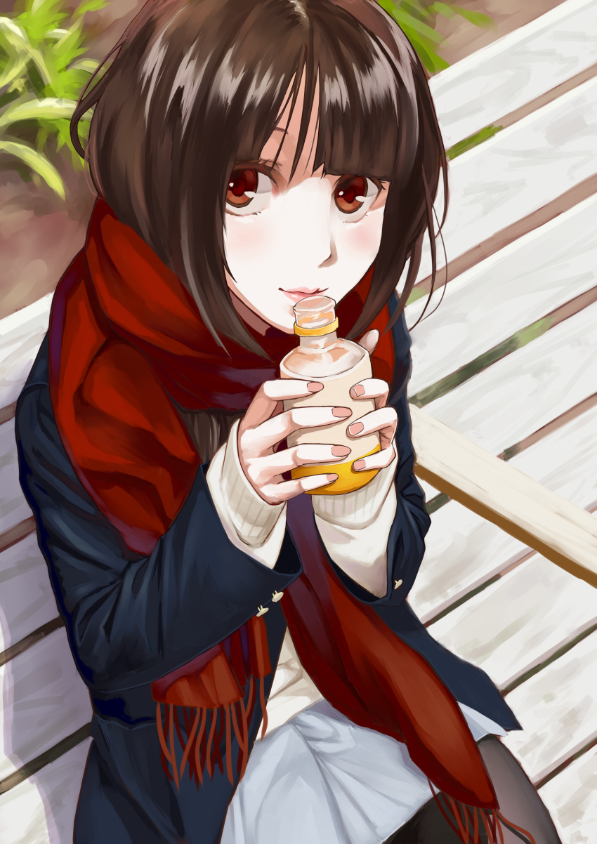 1girl, absurdres, beige_sweater, bench, black_legwear, blue_skirt, blush, bottle