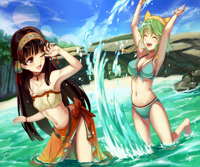 2girls, :d, ;d, ^_^, animal_hat, arms_up, atelier_(series), atelier_shallie, barefoot, bikini, blue_bikini, bracelet, breasts, brown_eyes, brown_hair, cat_hat, closed_eyes, clouds, collarbone, day, dutch_angle, female, green_hair, hairband, hat, highres, jewelry, leg_up, lens_flare, long_hair, looking_back, medium_breasts, multiple_girls, navel, one_eye_closed, open_mouth, outdoors, partially_submerged, reimaco, rock, sarong, shallistera_(atelier), shallotte_elminus, short_hair, sky, small_breasts, smile, splashing, standing, swimsuit, very_long_hair, water