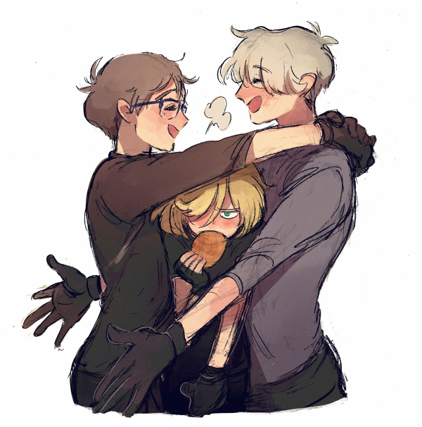 3boys, black_gloves, black_hair, blonde_hair, blue-framed_eyewear, boy_sandwich, closed_eyes, eating