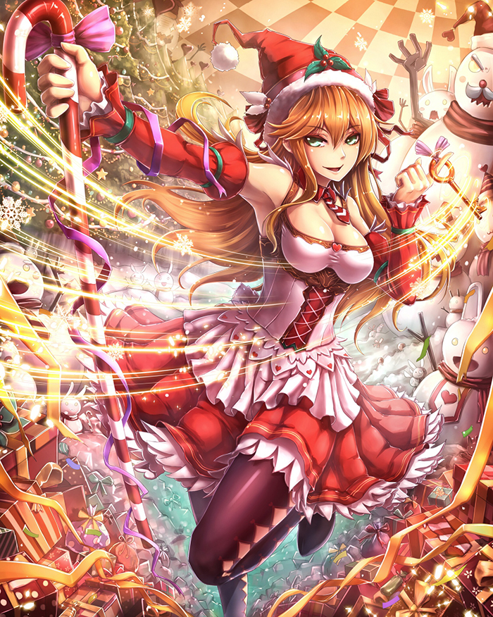 1girl, ant_(fenixant), arm_warmers, breasts, brown_hair, candy, candy_cane, christmas, christmas_tree, cleavage, dress, fantasy_lore, food, gift, hat, hat_ornament, holly, key, motion_lines, official_art, open_mouth, ornament, rabbit, red_dress, santa_hat, snowflakes, snowman, solo