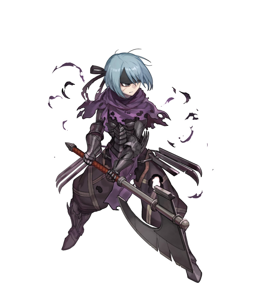 1girl, armor, armored_boots, axe, belka_(fire_emblem_if), black_eyes, blue_hair, boots