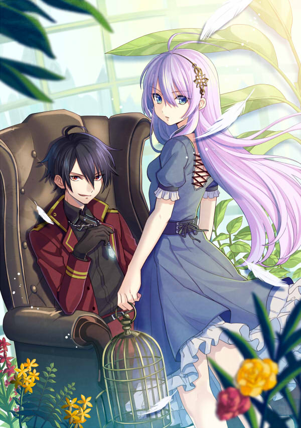 1boy, 1girl, ahoge, armchair, belt, belt_buckle, birdcage, black_hair