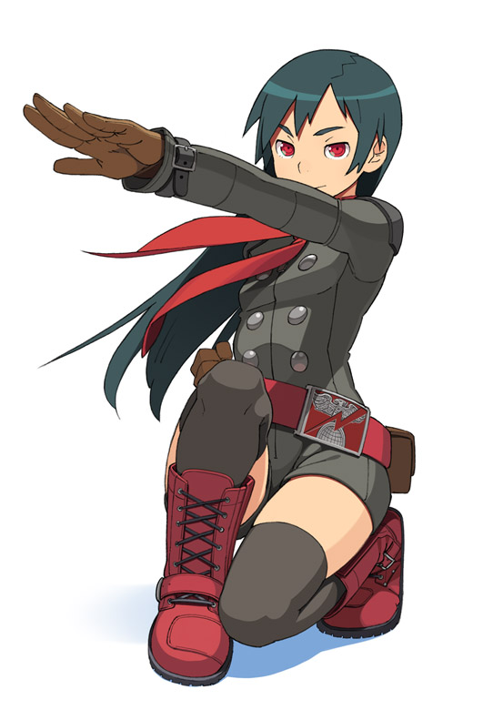 belt, boots, genderswap, go_robots, green_hair, hongou_takeshi, kamen_rider, kneeling, long_hair, pose, red_eyes, salute, scarf, shocker, squat, squatting, thigh-highs, thighhighs